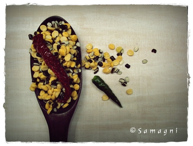 Soaked dal and chillies